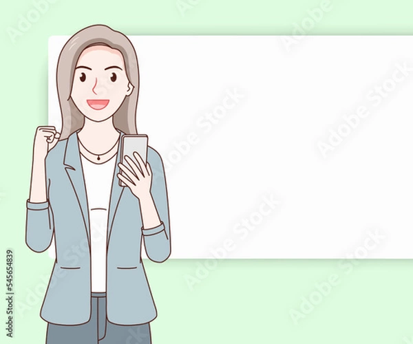 Fototapeta smile business woman wearing a suit using a smartphone on paper cut background. hand drawn with thin lines style.