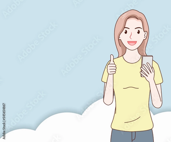 Fototapeta smile woman wearing a t-shirt using a smartphone on paper cut background.hand drawn with thin lines style.