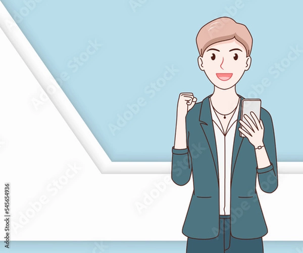 Fototapeta smile business woman wearing a suit using a smartphone on paper cut background. hand drawn with thin lines style.