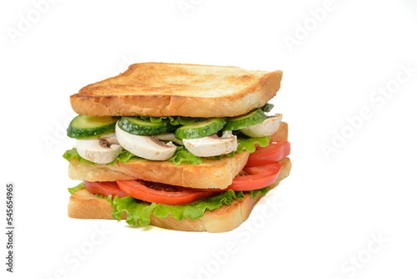 Fototapeta Homemade vegan sandwich with mushrooms, tomato, cucumber and green salad. Sandwich isolated on white background. Side high view of sandwich