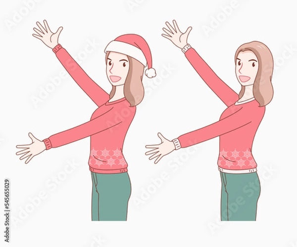 Fototapeta A smiling long hair woman wearing a snowflake pattern long sleeve sweater with a hat and without a hat, she spread her arms out.  girl looked excited and surprised. merry christmas and new year.