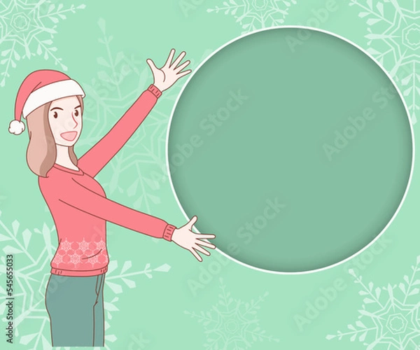 Fototapeta A smiling long hair woman wearing a snowflake pattern long sleeve sweater with a red hat, she spread 
her arms out to space for text on paper cut background. merry christmas and new year.