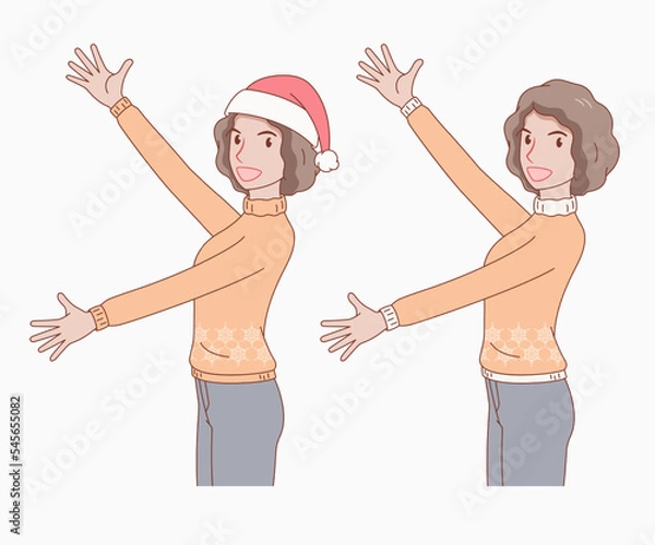 Fototapeta A smiling curly hair woman wearing a snowflake pattern long sleeve sweater with a hat and without a hat, she spread her arms out. girl looked excited and surprised. merry christmas and new year.