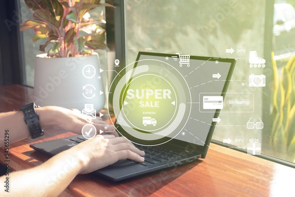 Obraz Businessman online shopping, spending money, work from home concept, ordering or selling online with modern concept of people at home.
