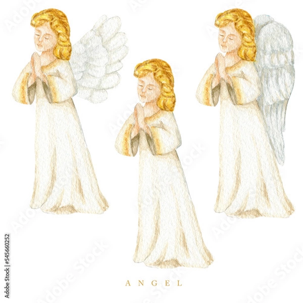 Fototapeta Christmas angels set watercolor illustration, Christian Nativity angel with wings isolated on a white background, design for religious baptism invitation, greeting card