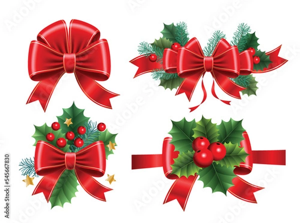 Fototapeta Set of Christmas bows. 3D Graphic vector illustration.