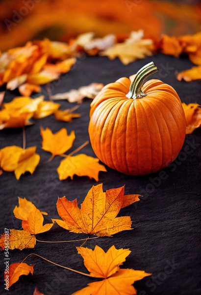 Fototapeta Happy Thanksgiving day, pumpkins and fallen leaves on the autumn background, autumn scene, festive atmosphere, beautiful pumpkin scene, bokeh, digital illustration