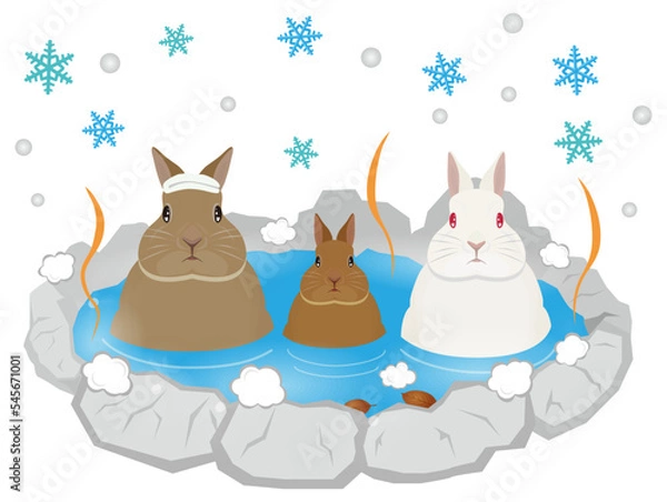 Fototapeta 温泉に入るうさぎの家族