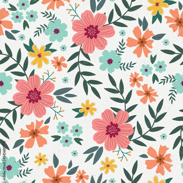 Obraz Cute floral pattern. Seamless vector texture. An elegant template for fashionable prints. Print with pink,yellow and blue  flowers, green leaves. white  background.
