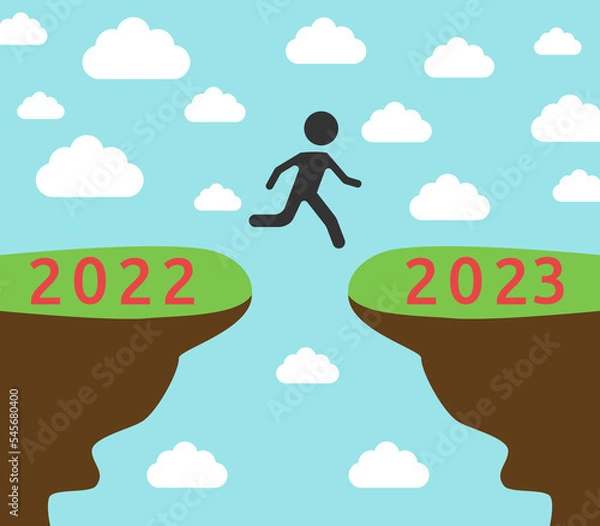 Obraz Man jumping from 2022 on 2023. Time, New Year, beginning, milestone, challenge and overcoming obstacles concept. Flat design. Vector illustration. EPS 8, no gradients, no transparency