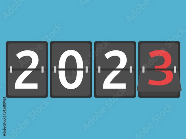 Obraz 2023 flip board on blue. New year coming, beginning, planning, celebration and time concept. Flat design. Vector illustration. EPS 8, no gradients, no transparency