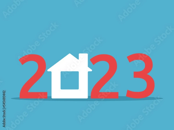 Obraz 2023 year text with house on blue background. Happy New year, home, coziness, real estate and mortgage concept. Flat design. Vector illustration. EPS 8, no transparency