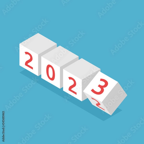 Obraz 2023 blocks changing from 2022. New Year, holiday, time, beginning and celebration concept. Flat design. Vector illustration. EPS 8, no transparency