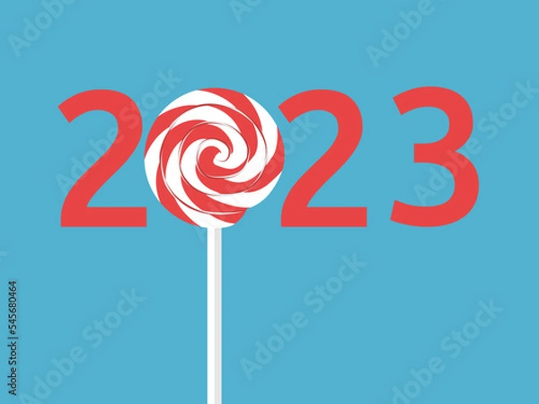 Obraz 2023 text with lollipop on stick. New Year, fun, Christmas, holiday, party and celebration concept. Flat design. Vector illustration. EPS 8, no gradients, no transparency