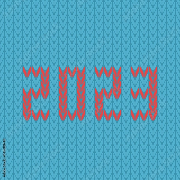 Obraz 2023 number knitted, red on blue. New Year, Christmas, holiday, winter, hobby, knitting, crocheting and handmade concept. Flat design. Vector illustration. EPS 8, no gradients, no transparency