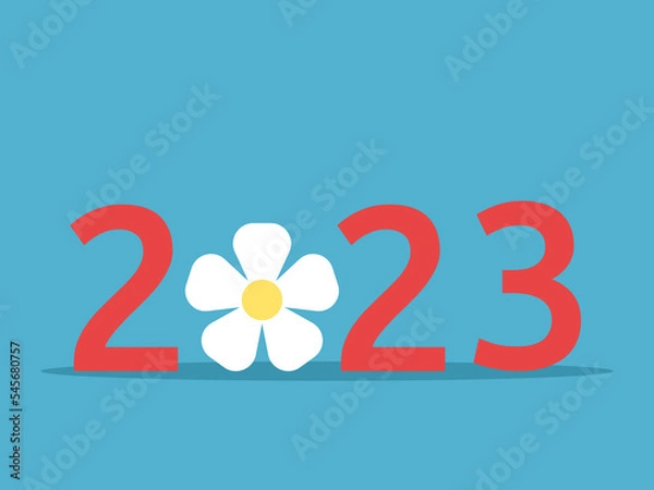 Obraz 2023 number with daisy or camomile flower. New Year, nature, ecology, environment, romance, spring and summer season concept. Flat design. Vector illustration. EPS 8, no gradients, no transparency
