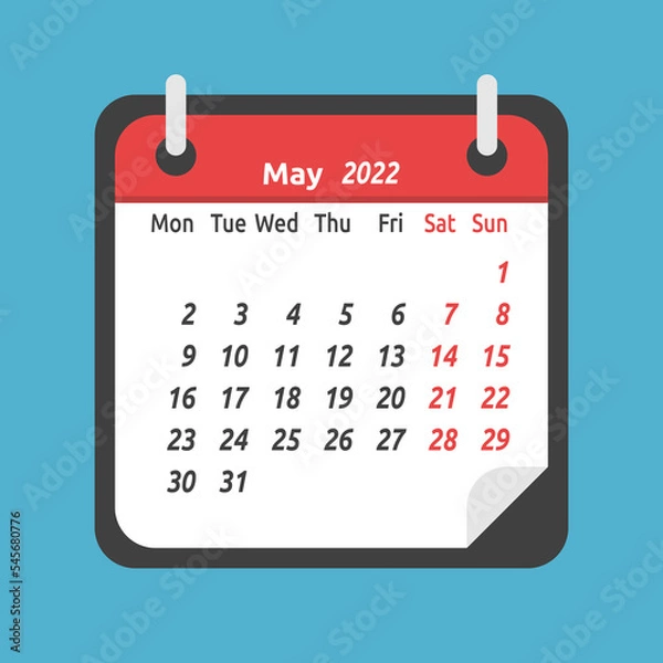 Obraz Monthly calendar for May 2022. Week starts on Monday. Time, planning and schedule concept. Flat design. Vector illustration. EPS 8, no gradients, no transparency