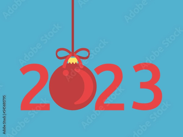 Obraz 2023 text with red Christmas ball on blue. New Year, holiday and celebration concept. Flat design. Vector illustration. No gradients, no transparency