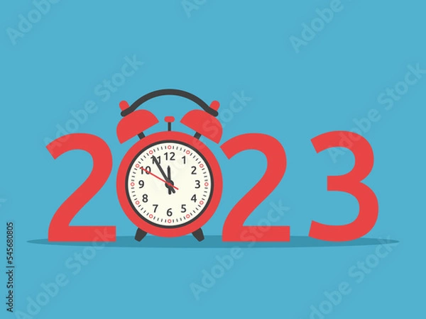 Obraz New Year 2023 text with red clock on blue background. Celebration, holiday eve, and midnight time waiting concept. Flat design. Vector illustration. EPS 8, no transparency