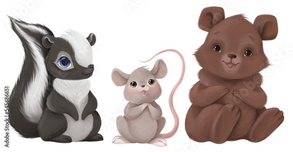 Obraz Forest animals collection, skunk, mouse, bear cute woodland baby animals. Hand drawn character, nursery illustration set on transparent background.