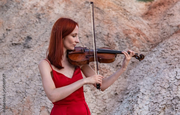 Obraz portrait of a violinist girl in a red dress with her violin on the beach red Martian sand waist-high portrait with beautiful hands and bow profile view