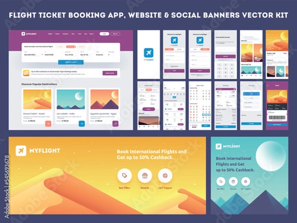 Obraz Online Flight Booking App onboarding website banner or template kit, Travel, Insurance, Air ticket; Holiday planning, Book your air flight and Flight No.