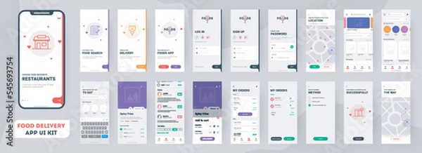 Obraz Food delivery mobile app ui kit including sign up, food menu, booking and home service type review screens.