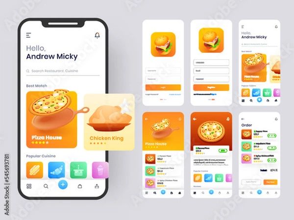 Obraz Food mobile app ui kit including sign up, food menu, booking and home service type review screens.