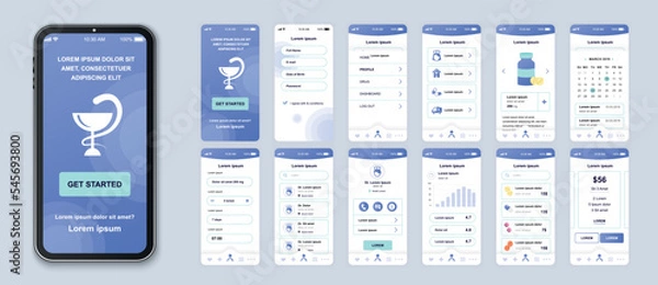 Obraz Medicine smartphone interface vector templates set. Healthcare and lifestyle mobile app. Web page design layout. Pack of UI, UX, GUI screens for application. Phone display. Web design kit