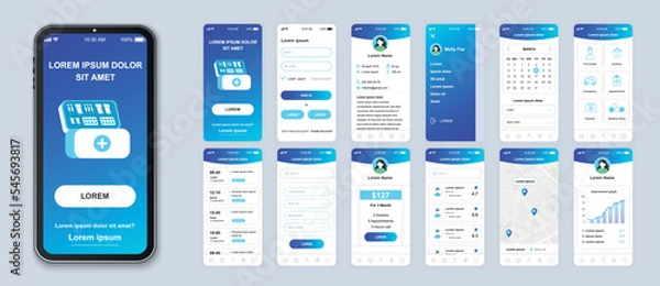 Obraz Medicine smartphone interface vector templates set. Healthcare mobile app page blue design layout. Pack of UI, UX, GUI screens for application. Phone display. Web design for online clinic kit