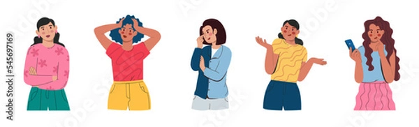 Fototapeta Women are thoughtful in doubts and thoughts. Confused people worry with a serious expression on their face. Vector illustration flat isolated white background