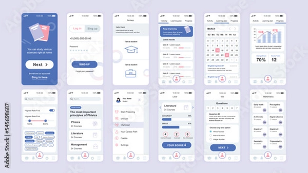 Obraz Set of UI, UX, GUI screens Education app flat design template for mobile apps, responsive website wireframes. Web design UI kit. Education Dashboard.