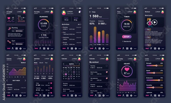 Fototapeta Set of UI, UX, GUI screens Fitness app flat design template for mobile apps, responsive website wireframes. Web design UI kit. Fitness Dashboard.