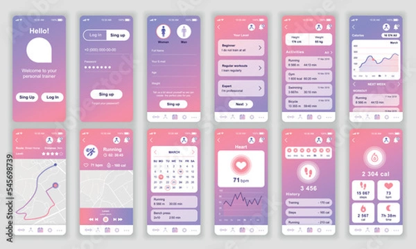 Obraz Set of UI, UX, GUI screens Fitness app flat design template for mobile apps, responsive website wireframes. Web design UI kit. Fitness Dashboard.