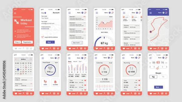 Obraz Set of UI, UX, GUI screens Fitness app flat design template for mobile apps, responsive website wireframes. Web design UI kit. Fitness Dashboard.