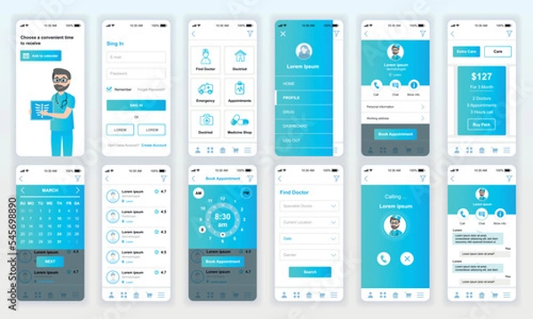 Obraz Set of UI, UX, GUI screens Medicine app flat design template for mobile apps, responsive website wireframes. Web design UI kit. Medicine Dashboard.