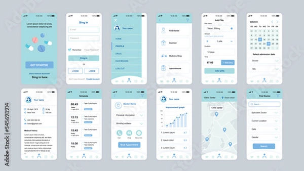Obraz Set of UI, UX, GUI screens Medicine app flat design template for mobile apps, responsive website wireframes. Web design UI kit. Medicine Dashboard.