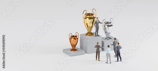 Obraz Isometric businessman speaking at a podium about trophy , public speaker, business meeting concept. 3d rendering.