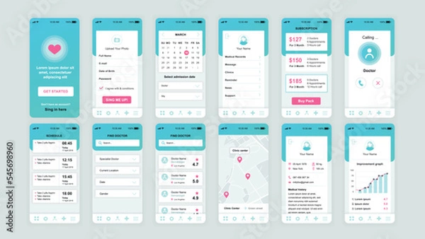 Obraz Set of UI, UX, GUI screens Medicine app flat design template for mobile apps, responsive website wireframes. Web design UI kit. Medicine Dashboard.