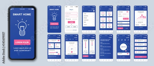 Obraz Smart home mobile app interface vector templates set. Remote temperature control. Web page design layout. Pack of UI, UX, GUI screens for application. Phone display. Web design kit