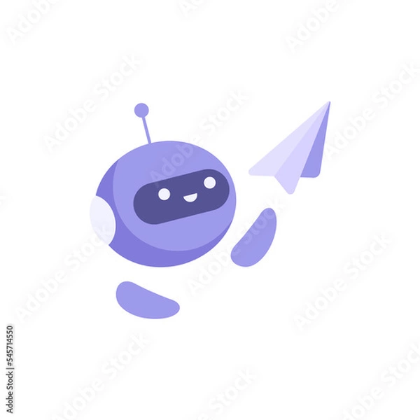 Obraz A cute robot launches a paper airplane. Chatbot concept, messenger communication. Answers to questions, virtual assistant, support. Isolated logo