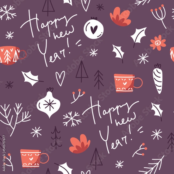 Fototapeta Seamless pattern with christmas decor and lettering happy new year. Abstract background in scandinavian style. Flat clip art