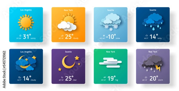 Fototapeta Weather forecast widget icon set paper cut style. Vector illustration. 3d mobile app ui design, daily application template, climate cartoon sign. Thunderstorm, rain, sunny day, fog, winter snow, night