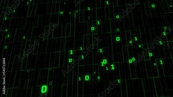 Fototapeta Binary matrix background. Falling digits on dark backdrop. Running random numbers. Abstract data concept. Blue futuristic cyberspace. Vector illustration.