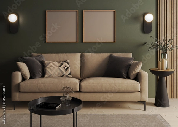 Fototapeta Interior Wallpaper Mockup. Room with green wall and wooden floor with beige modern couch with coffe tables and decorations