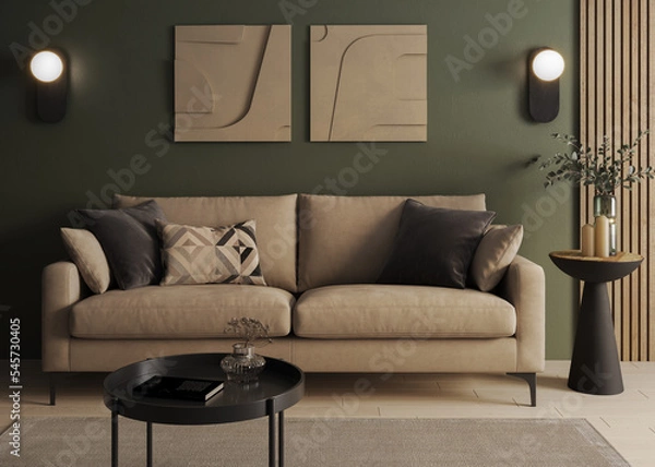 Fototapeta Room with green wall and wooden floor with beige modern couch with coffe tables and decorations