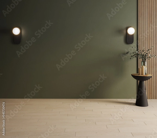 Fototapeta Empty living room for furniture placement. Beautiful interior Mockup with a green wall, decorative wooden slats and a coffee table and decorations