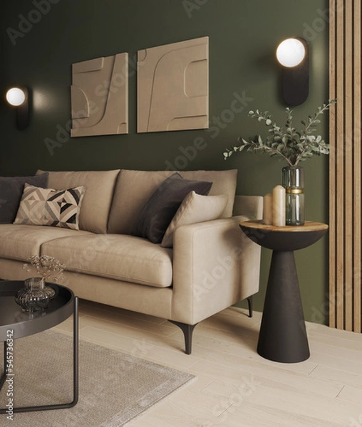 Fototapeta Room with green wall and wooden floor with beige modern couch with coffe tables and decorations
