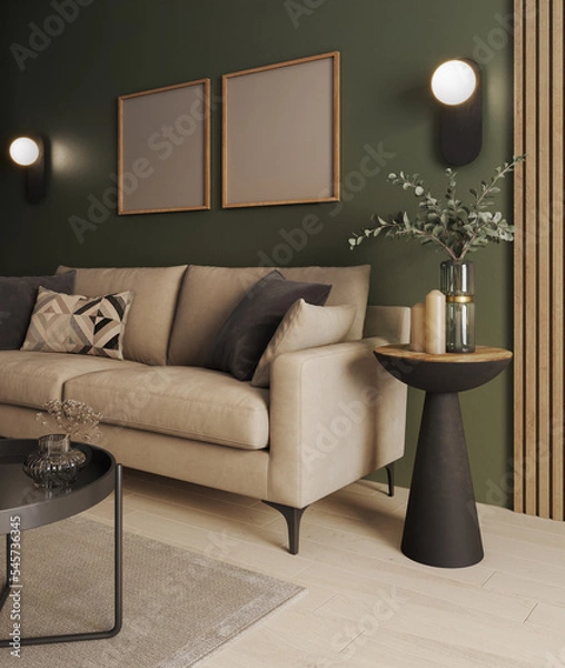 Fototapeta Interior Wallpaper Mockup. Room with green wall and wooden floor with beige modern couch with coffe tables and decorations