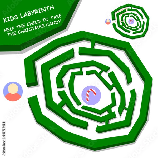 Obraz children's labyrinth. help the child take the Christmas candy. round maze, puzzle.